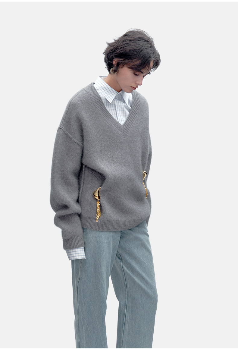 Minimalist Grey Gold-Button Wool-Blend Knit Jumper