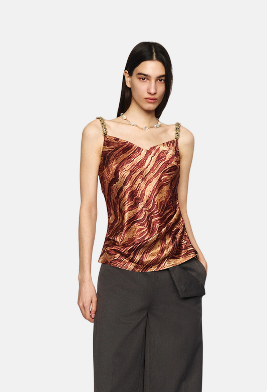 Amber Brown Zebra Print Beaded Camisole - Women's Tank Top
