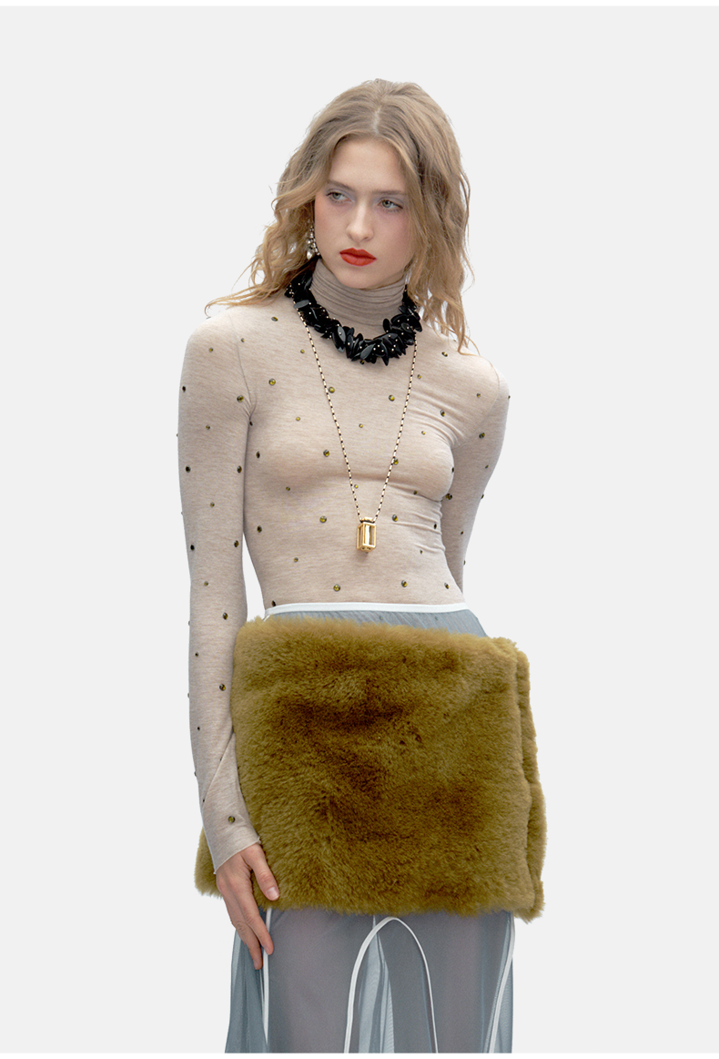 Light Khaki Rhinestone Slim Turtleneck Wool-Blend Top