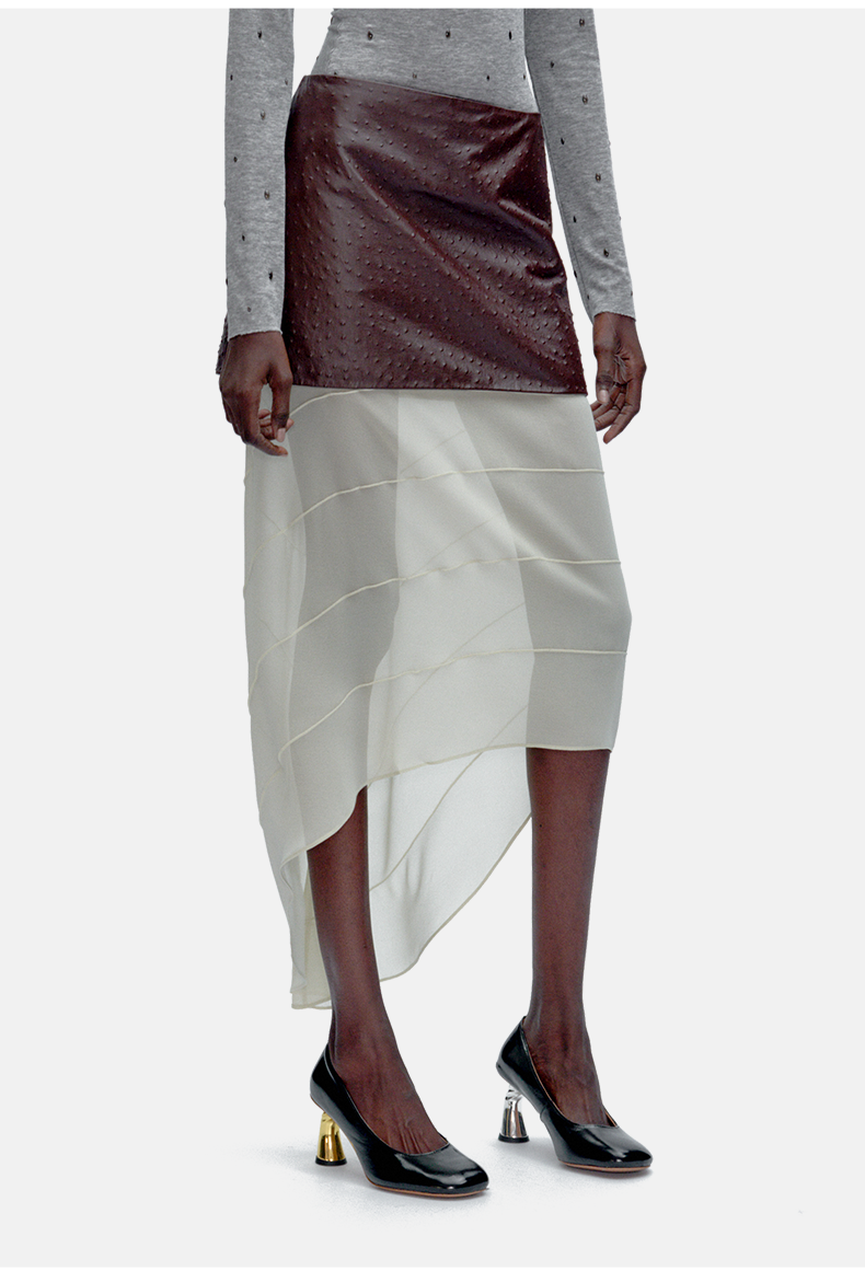 Ostrich-Embossed Leather &amp; Mesh Paneled Skirt