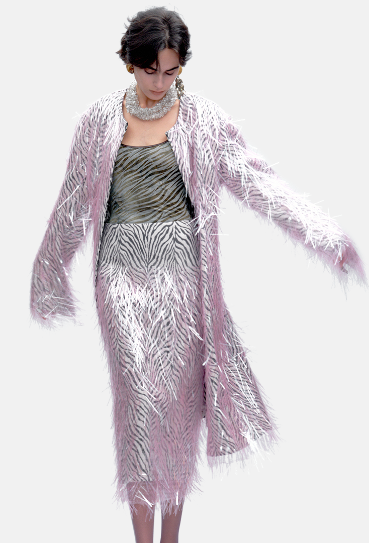 Zebra-Pattern Patchwork Fringe Sequin Coat