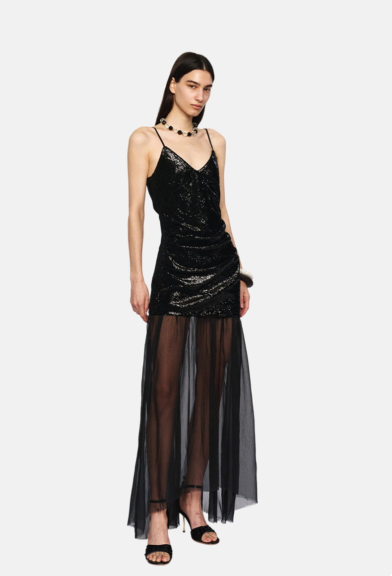 Black Sequin &amp; Sheer Panel Winter Dress