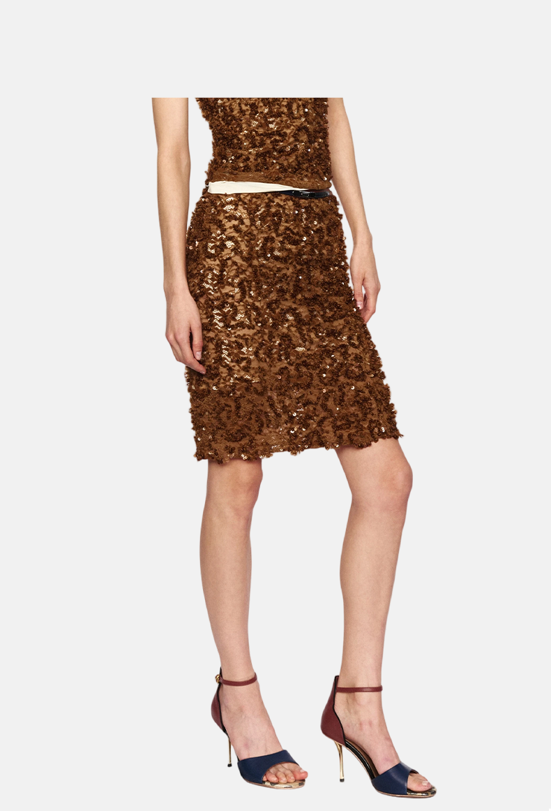 Amber Brown Lace Beaded Slit Midi Skirt - Women's Slim Waist Belt