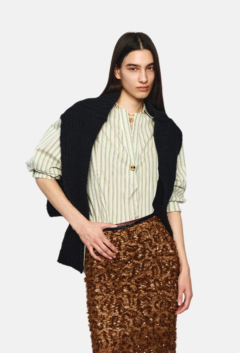 Light Green Stripe Cape Blouse Women's Two-Piece Set