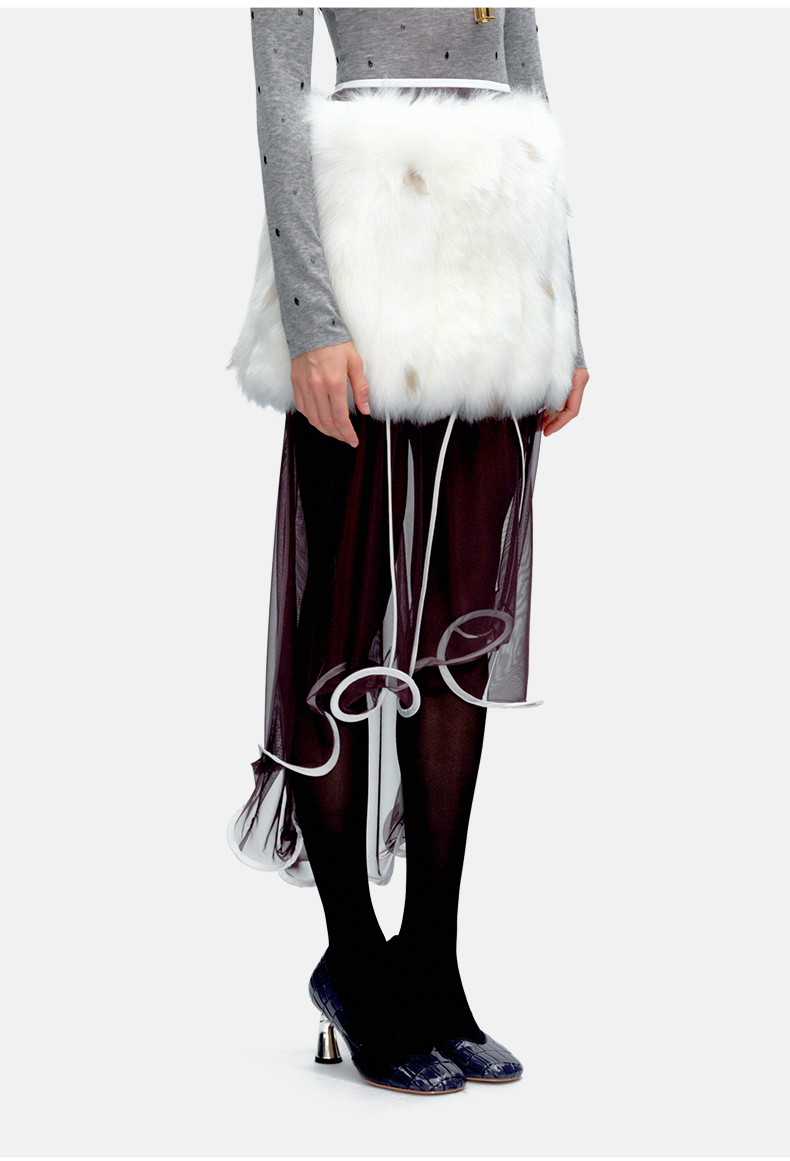 White Spotted Faux Fur Rolled-Edge Dark Brown Sheer Skirt