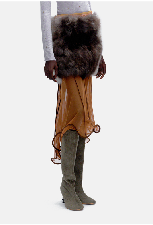 Silver Gradient Leather Mini Skirt with Dark Camel Rolled Hem – Sheer Panel Skirt