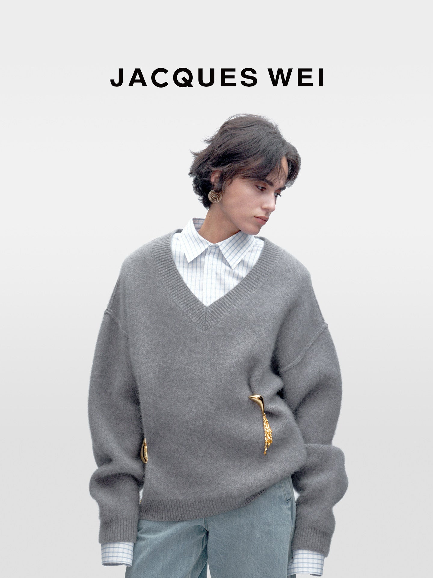 Minimalist Grey Gold-Button Wool-Blend Knit Jumper