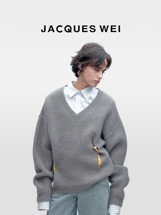 Minimalist Grey Gold-Button Wool-Blend Knit Jumper