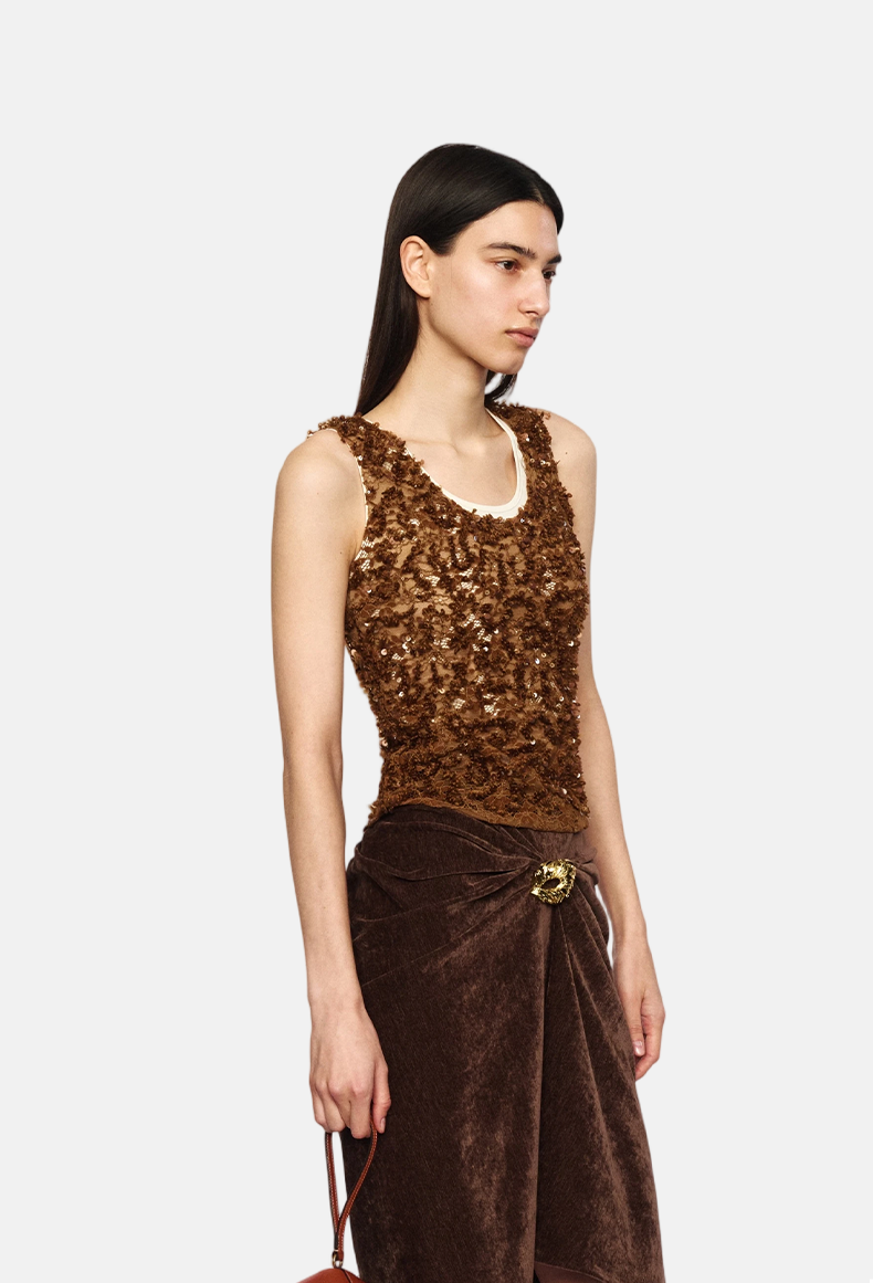 Amber Brown Beaded Double-Layer Lace Camisole