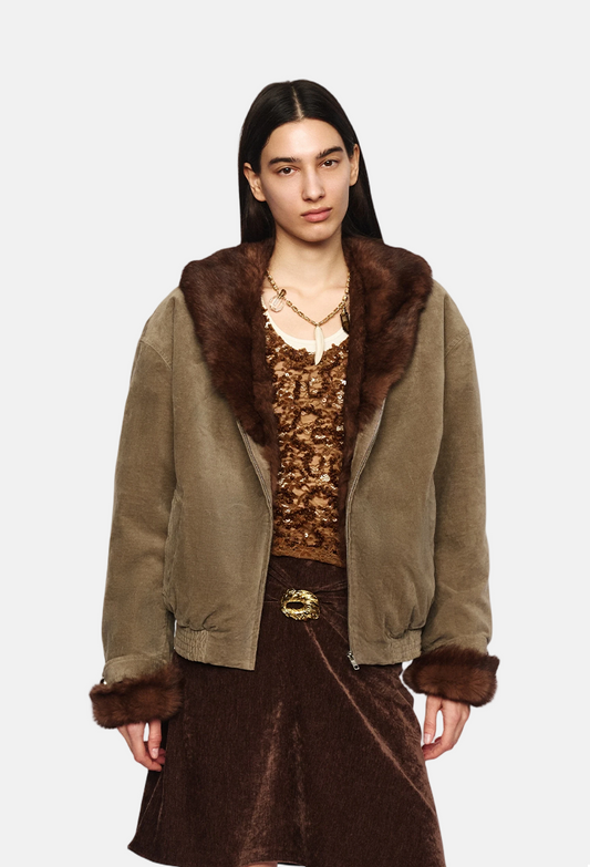 Gray-Green Brushed Fur Collar Short Warm Jacket