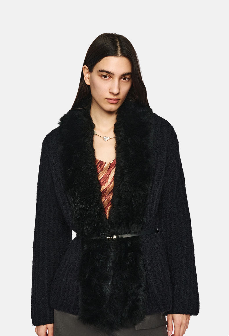 Women's Black Wool Cardigan with Fur Collar &amp; Knitted Waistbel