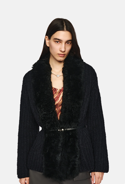 Women's Black Wool Cardigan with Fur Collar &amp; Knitted Waistbel