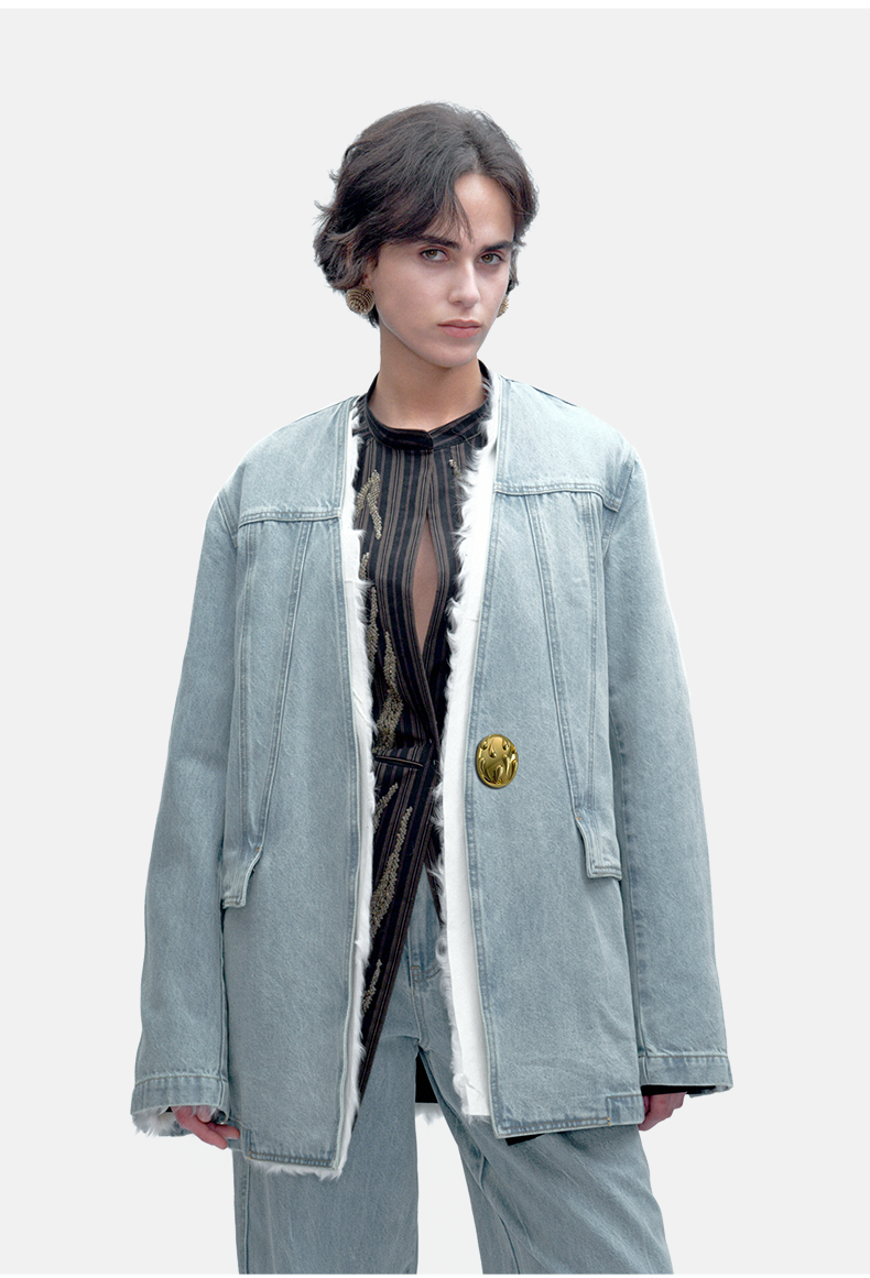 Women's Minimalist Design Denim Collarless Jacket Coat with Fur Inner Lining