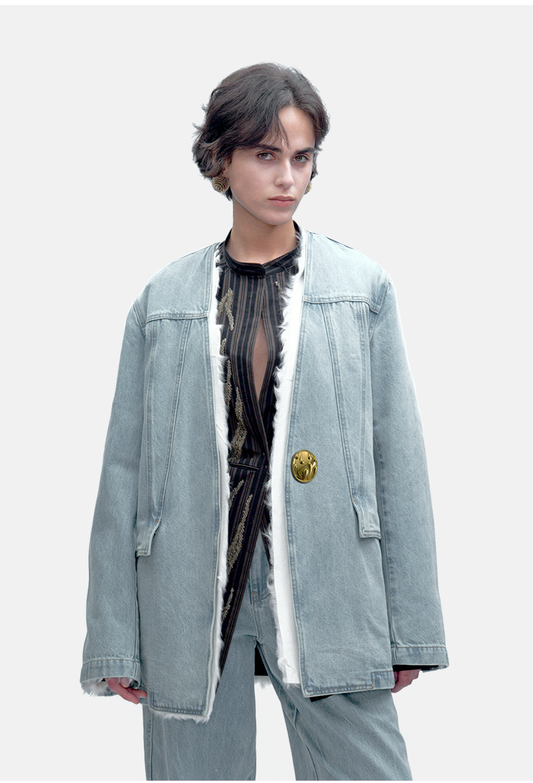 Women's Minimalist Design Denim Collarless Jacket Coat with Fur Inner Lining