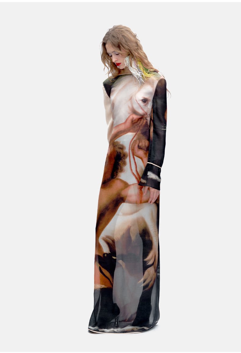 Art Print Mesh Open-back Mulberry Silk Dress