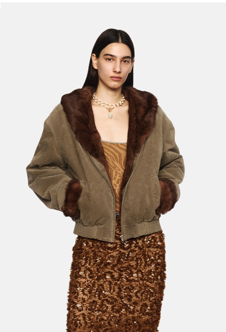 Gray-Green Brushed Fur Collar Short Warm Jacket