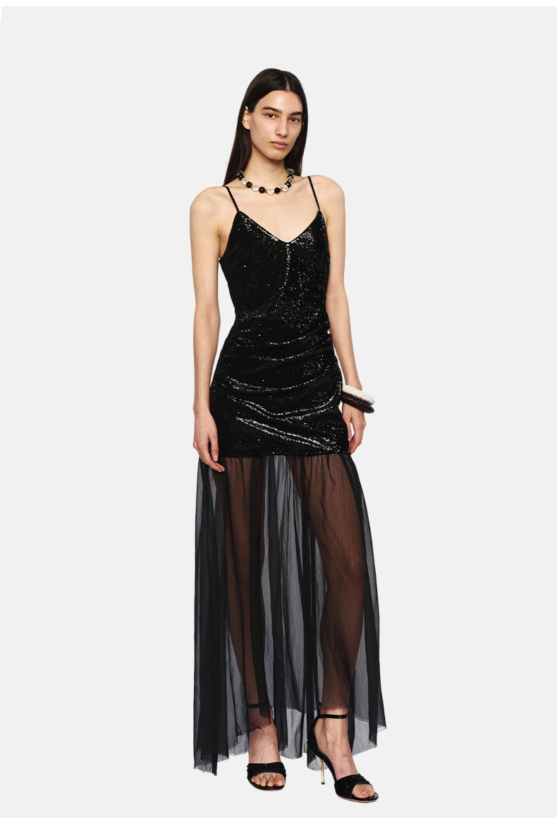 Black Sequin &amp; Sheer Panel Winter Dress