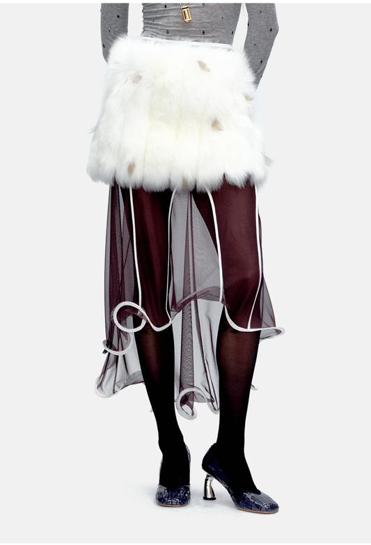 White Spotted Faux Fur Rolled-Edge Dark Brown Sheer Skirt