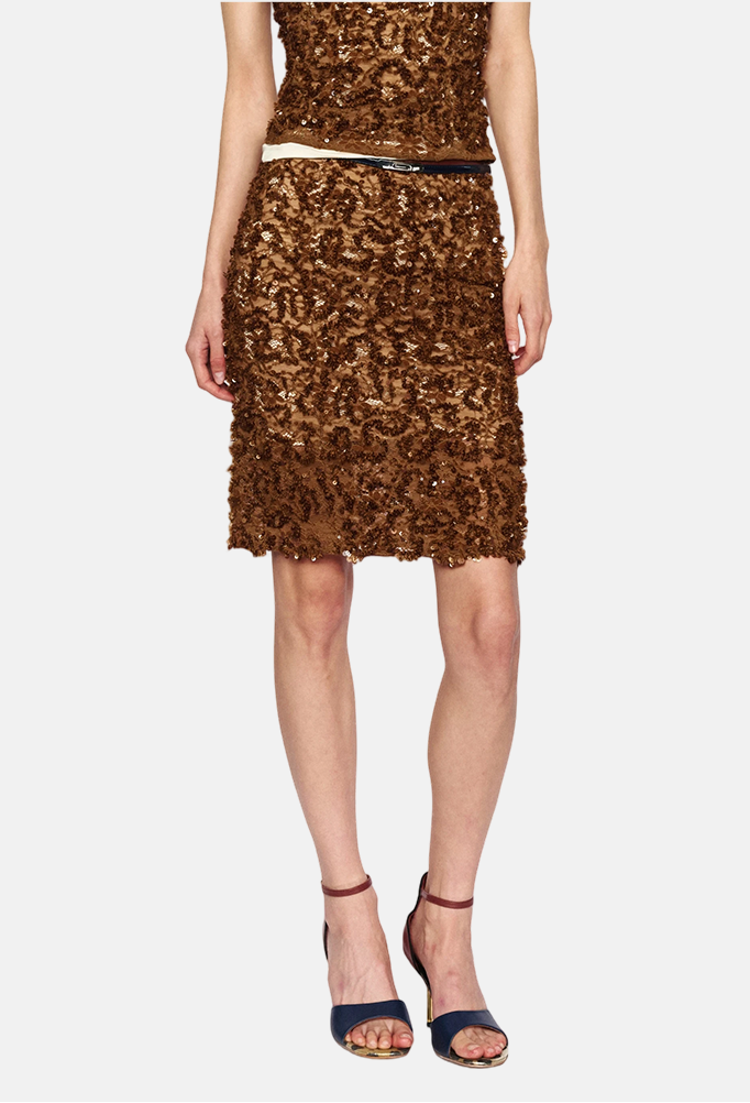 Amber Brown Lace Beaded Slit Midi Skirt - Women's Slim Waist Belt