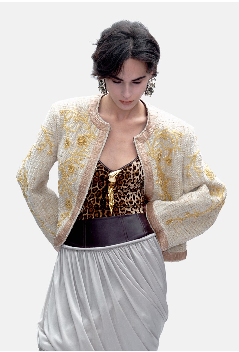 Beige Handmade Embroidered Beaded Slim Fit Short Jacket
