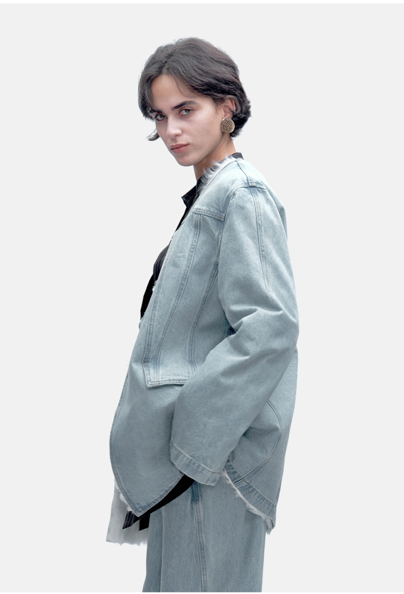 Women's Minimalist Design Denim Collarless Jacket Coat with Fur Inner Lining