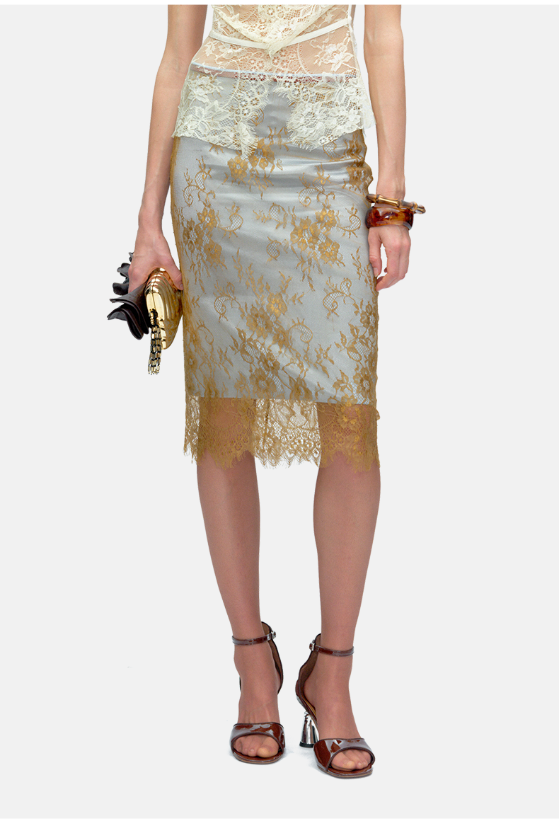 Brown &amp; Green Color-Block Lace Draped Midi Skirt