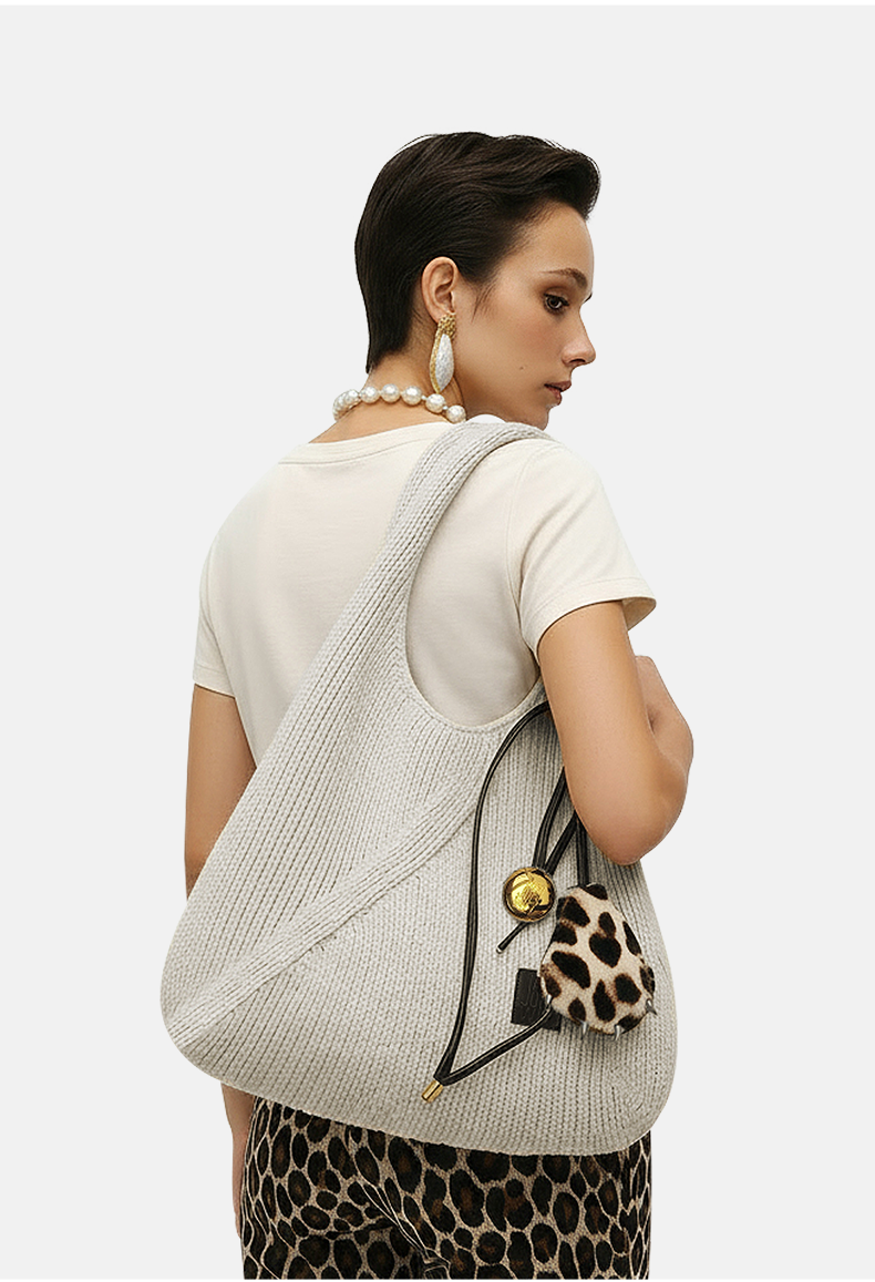 Minimalist Knitted Tote with Faux-Fur Charm