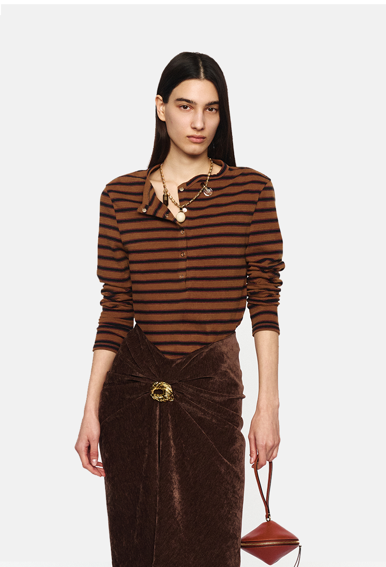 Brown Distressed Wave Collar Striped Long-Sleeve Tee