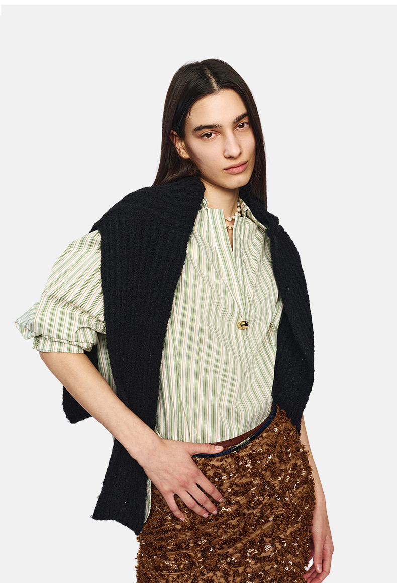 Light Green Stripe Cape Blouse Women's Two-Piece Set