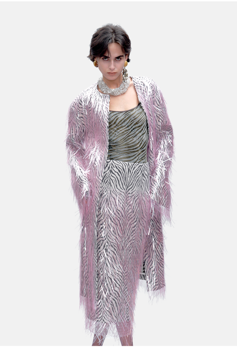 Zebra-Pattern Patchwork Fringe Sequin Coat