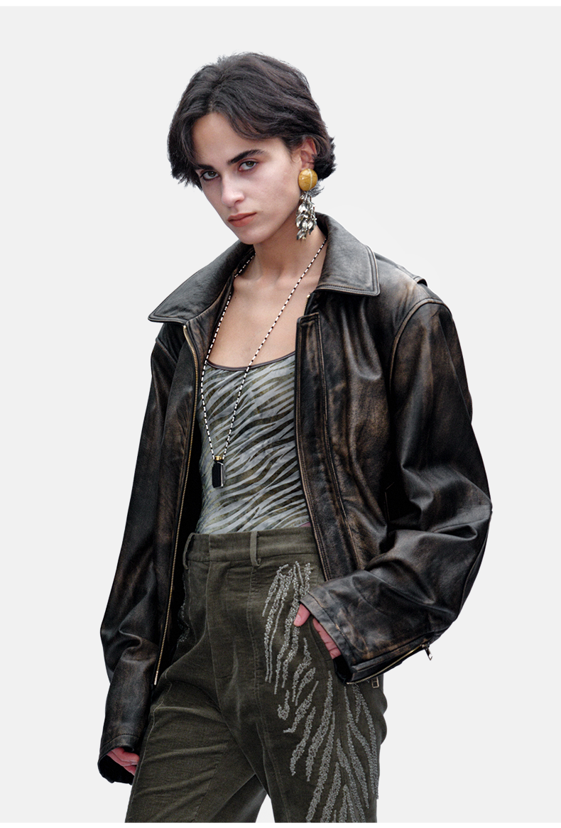 Street-style Vintage Distressed Leather Moto Jacket (Women)