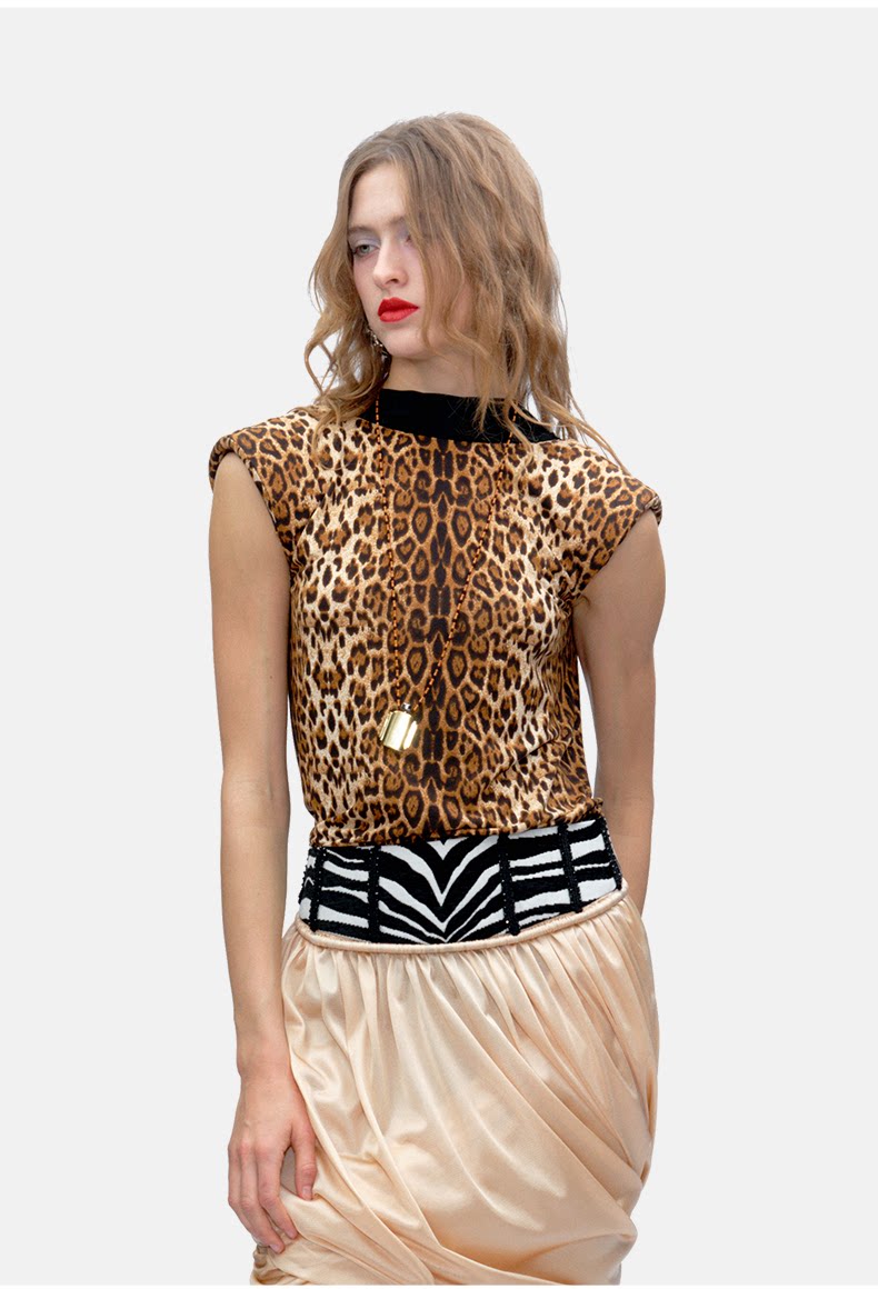 Leopard Print Sleeveless High Neck Mock Neck Split Open Back Layering Outerwear Top Vest Women