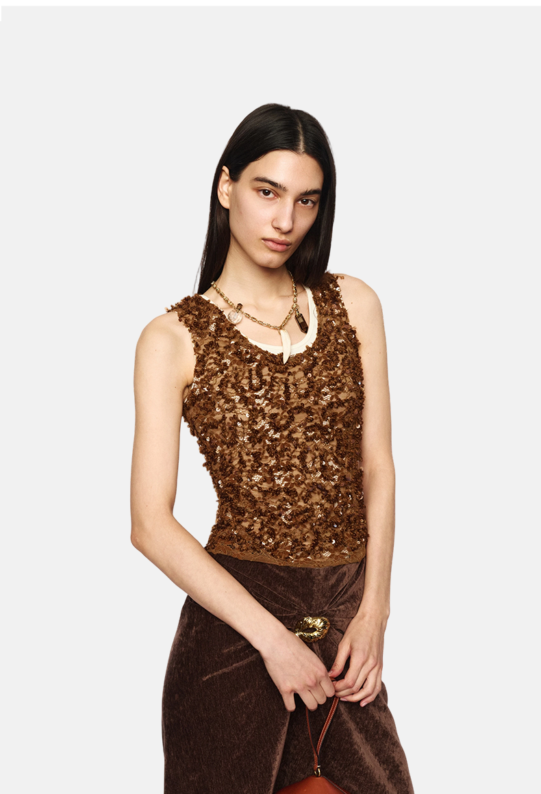 Amber Brown Beaded Double-Layer Lace Camisole