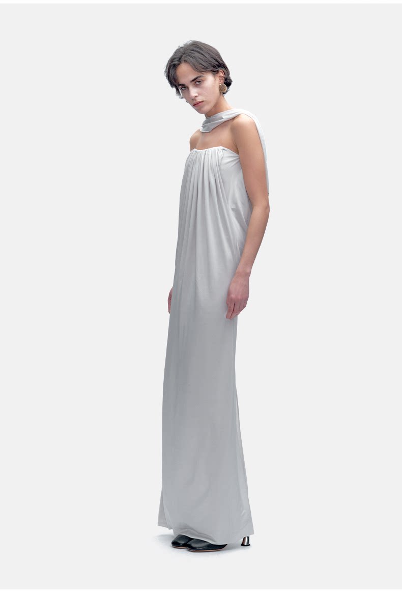 Zebra Print Embroidery Halter Open Back Dress High Sense White Gray Women Long Dress