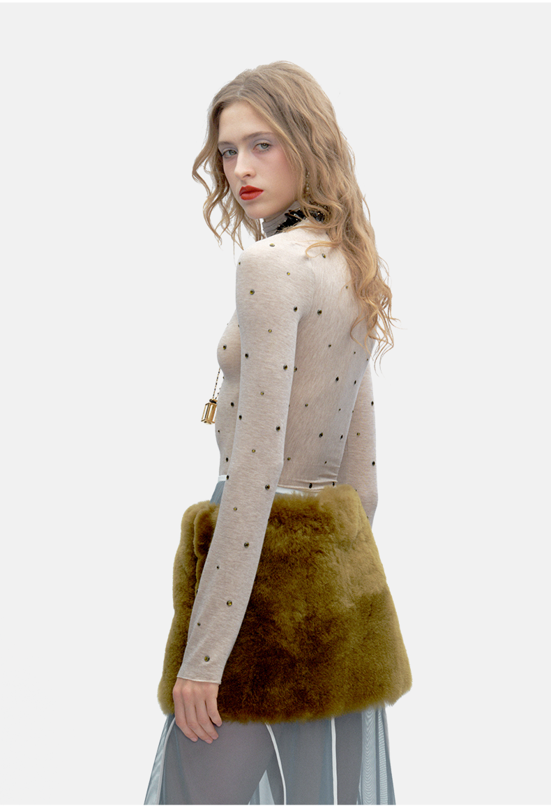 Light Khaki Rhinestone Slim Turtleneck Wool-Blend Top