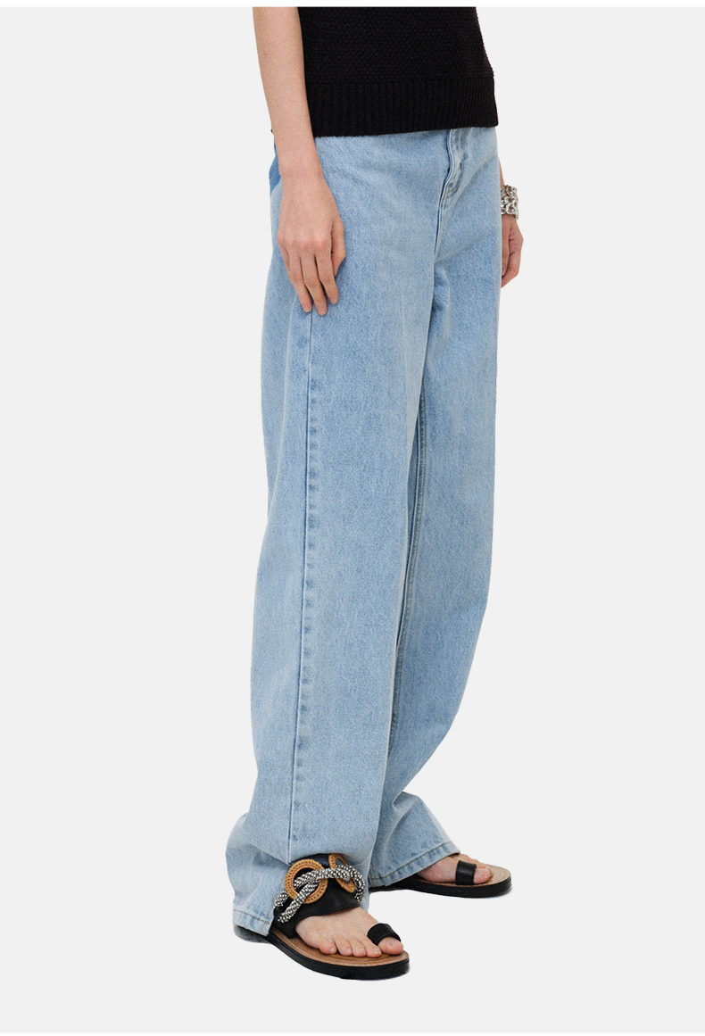 Washed Distressed Laser-Embroidered Straight-Leg Pants