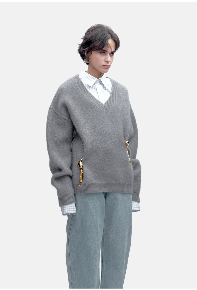 Minimalist Grey Gold-Button Wool-Blend Knit Jumper