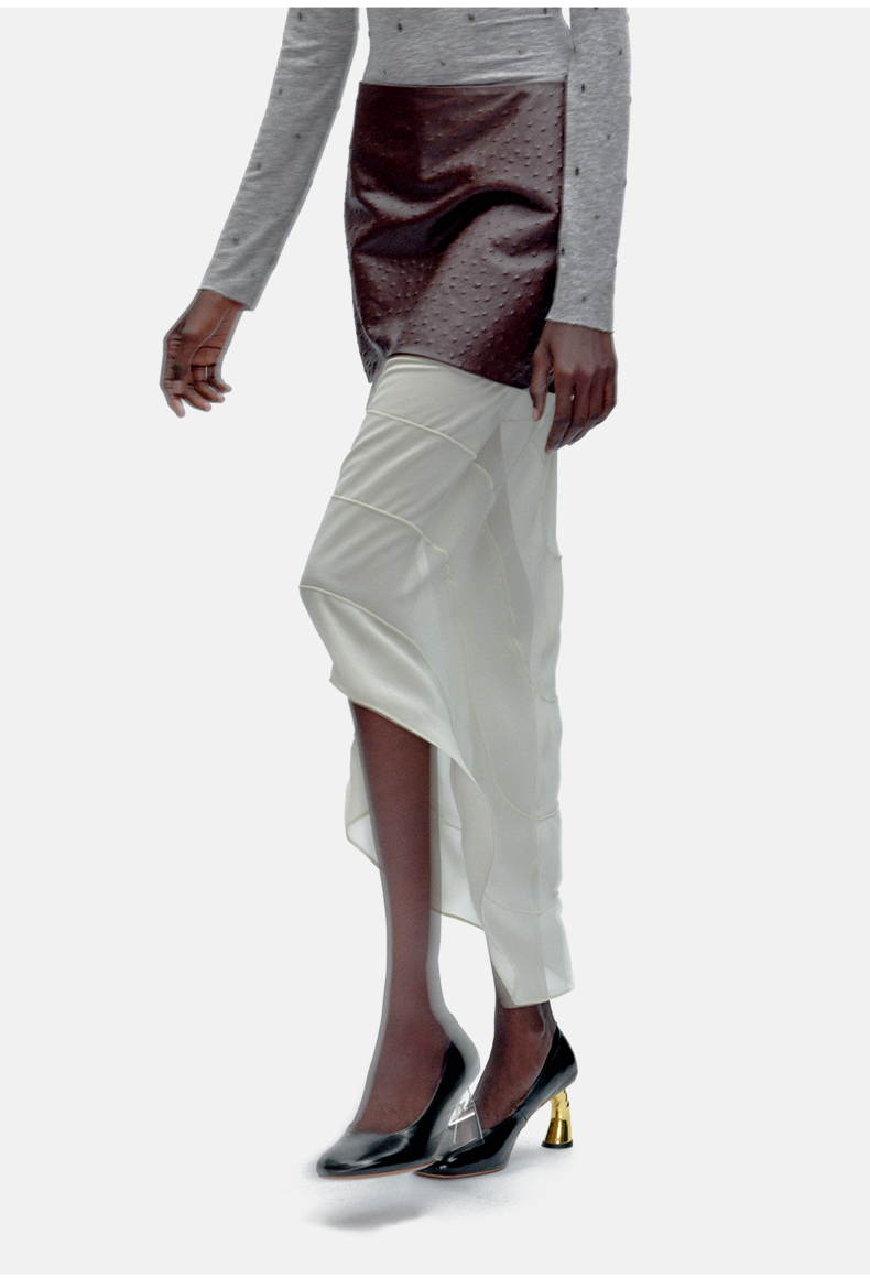 Ostrich-Embossed Leather &amp; Mesh Paneled Skirt