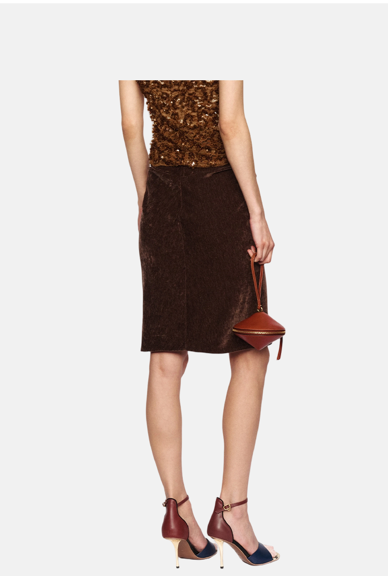 Dark Brown Horsehair Gold Buttons Ruched Velvet Midi Skirt