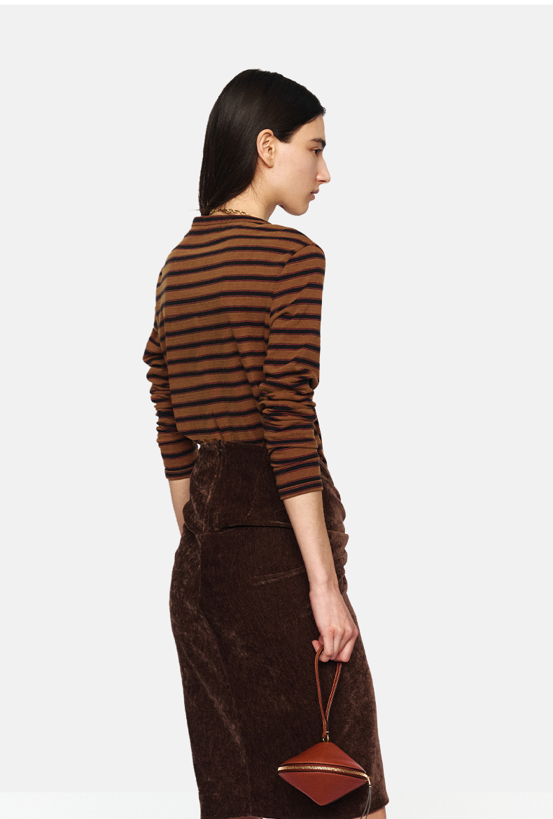 Brown Distressed Wave Collar Striped Long-Sleeve Tee