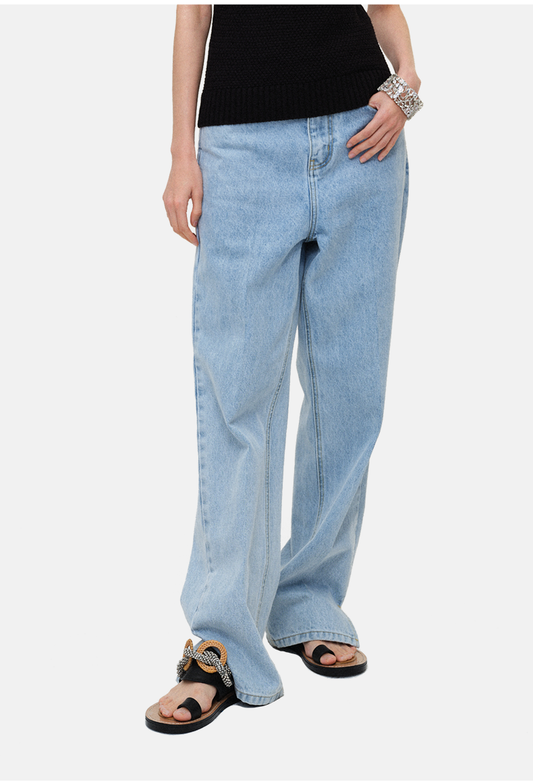 Washed Distressed Laser-Embroidered Straight-Leg Pants