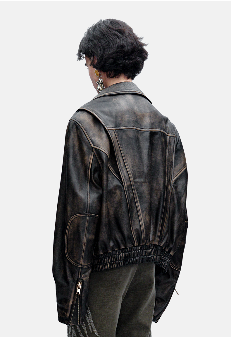 Street-style Vintage Distressed Leather Moto Jacket (Women)