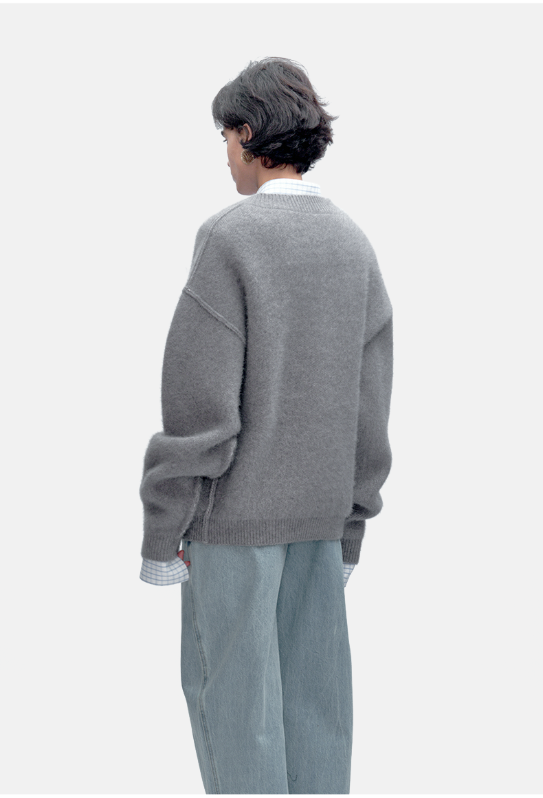 Minimalist Grey Gold-Button Wool-Blend Knit Jumper