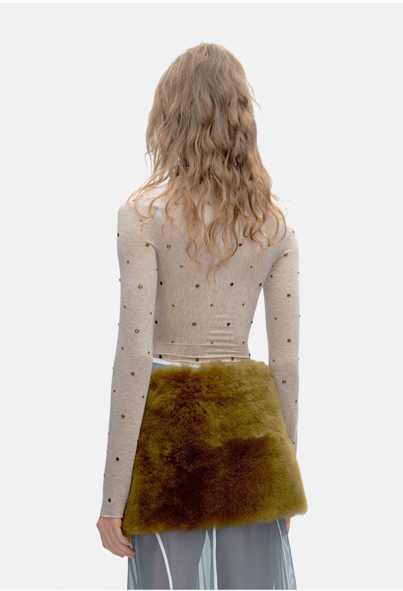Light Khaki Rhinestone Slim Turtleneck Wool-Blend Top