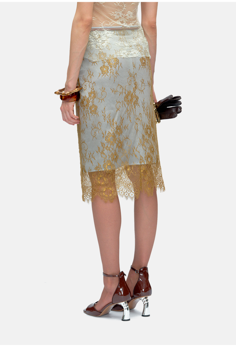 Brown &amp; Green Color-Block Lace Draped Midi Skirt