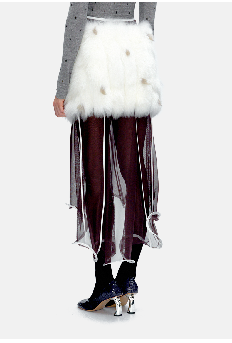 White Spotted Faux Fur Rolled-Edge Dark Brown Sheer Skirt
