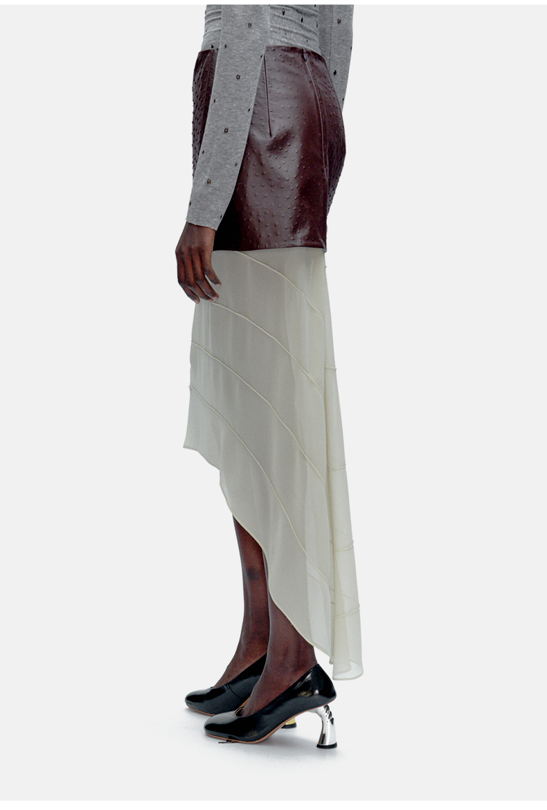 Ostrich-Embossed Leather &amp; Mesh Paneled Skirt