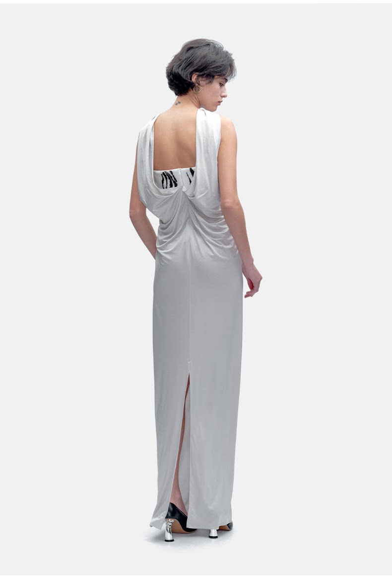 Zebra Print Embroidery Halter Open Back Dress High Sense White Gray Women Long Dress