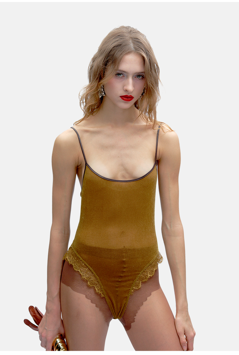 French-Style Velvet & Lace Trim Cami Bodysuit