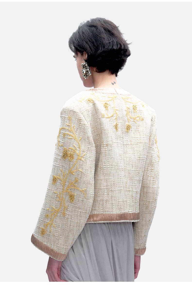 Beige Handmade Embroidered Beaded Slim Fit Short Jacket